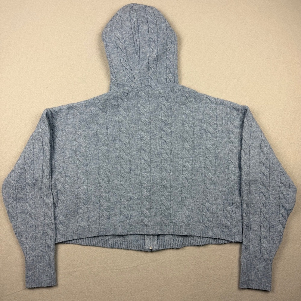American Eagle Womens Large Blue Cable Knit Soft Full Zip Hoodie Sweater Cropped - Picture 6 of 10